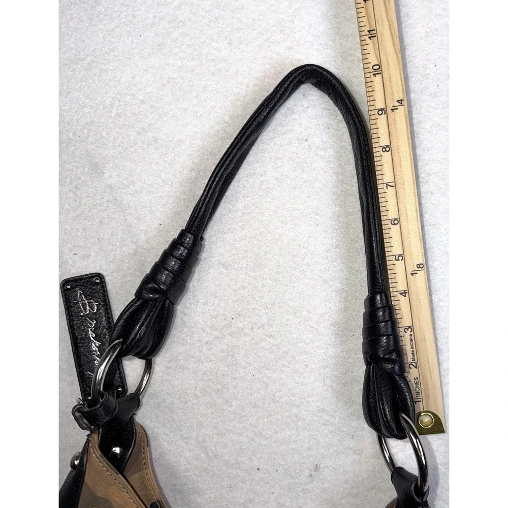 B Makowsky Camo Hobo Bag Black Leather Trim Silver Hardware Shoulder Purse